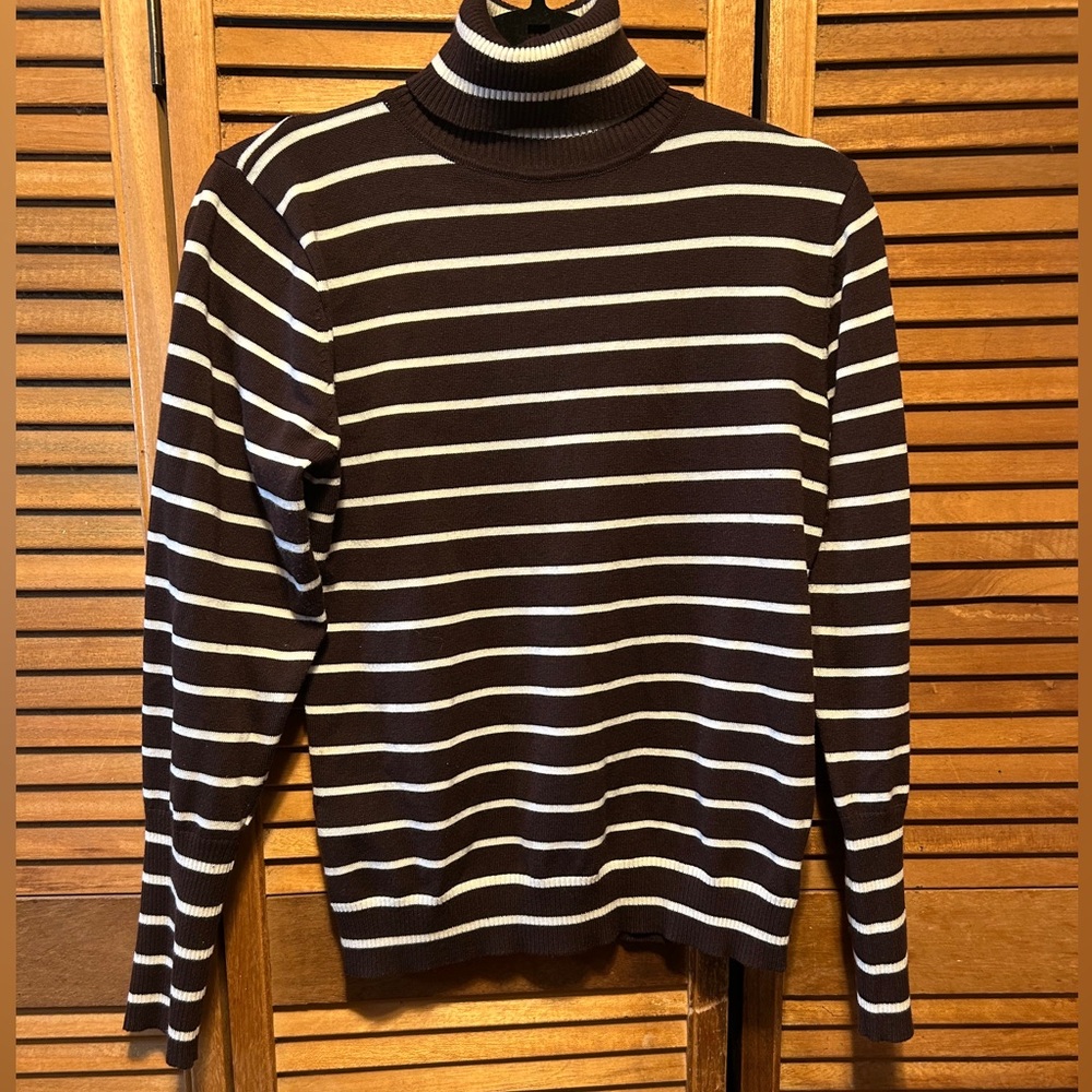 Grane Chocolate Brown and White Striped Turtleneck Sweater